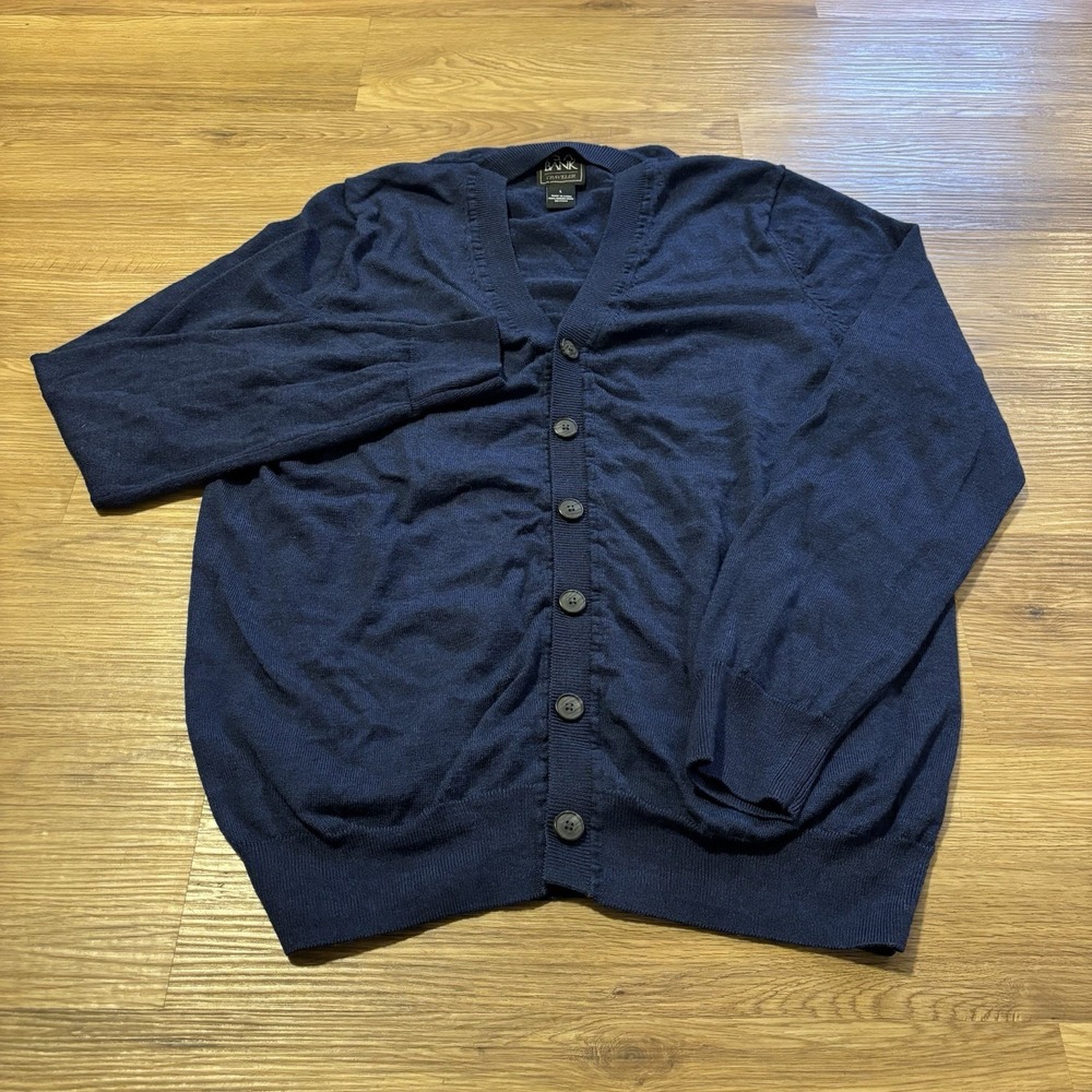 Jos A Bank Traveler Cardigan Sweater Mens *Fits Sz Small* Merino Wool Navy Blue